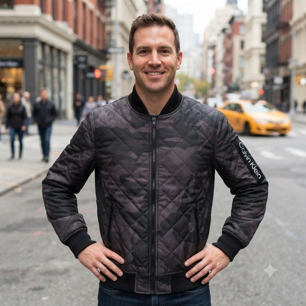 Calvin Klein Quilted Bomber Jacket Mens Medium Black Camo NWT CM008986